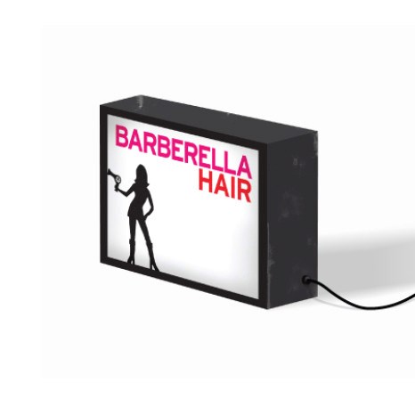 Light box with a black silhouette of a female-identifying person and text BARBERELLA HAIR