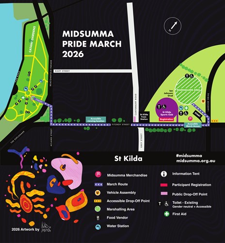 A map of the 2026 Pride March route, showing starting point Ian Johnson Oval, with the route proceeding down Fitzroy St, and ending in Catani Gardens