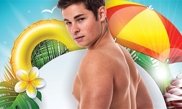 A young bare-chested man in front of beachside icons such as umbrellas, ice cream and tropical flowers