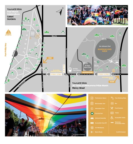 Map showing the layout of the Pride March route plus marshalling and after-party areas