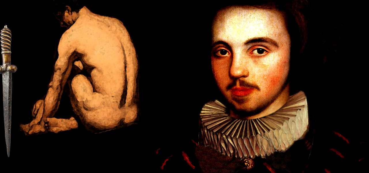 Image of dagger, nude male and Christopher Marlowe made to look like an old painting