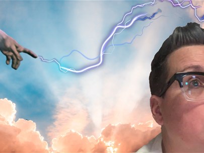Image of Jack peering into the distance with hand raised, with short hair/glasses. Behind them are clouds, the hand of God shooting lightning at them