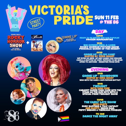 Poster advertising acts at The 86 for Victorias Pride