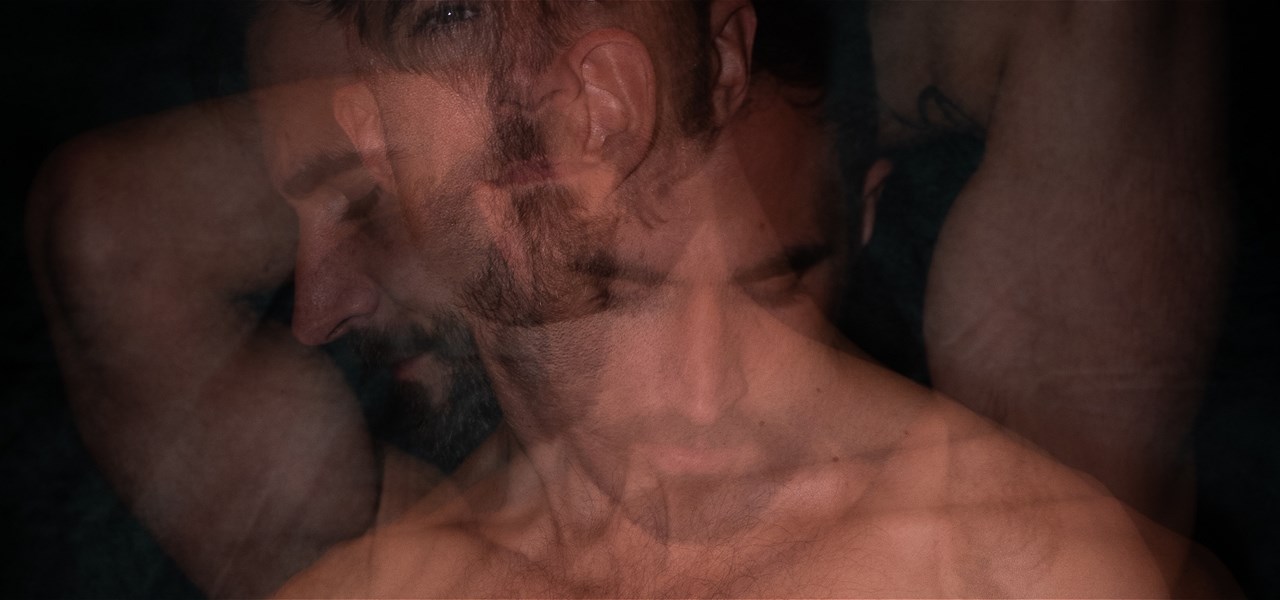 3 multiple exposures of the shoulders and head of a shirtless man