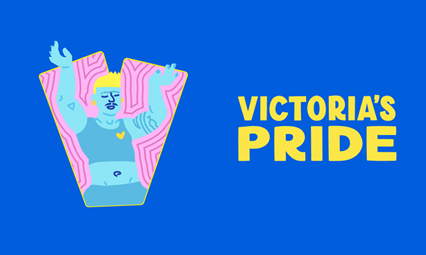 Blue panel with text VICTORIAS PRIDE featuring a large V with a cartoon character in it