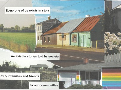 A collage of images from rural communities with text annotating the images