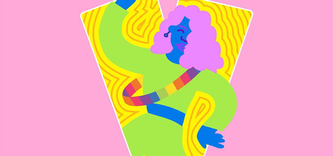 Pink background with stylised letters V and P intertwined and in the form of human-like figures