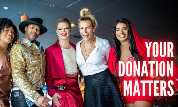 Banner with smiling performers and text - YOUR DONATION MATTERS