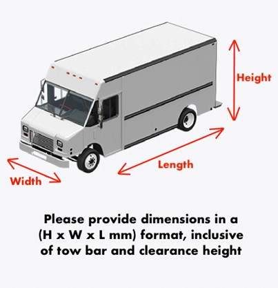 Van showing Width, Length and Height measurements clearly labelled