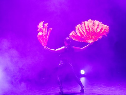 a person with two fans made of feathers faces away from the camera and performs under purple stage lights.